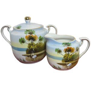 Vtg Kutani Hand-Painted Porcelain Japan Sugar Bowl & Creamer Scenic Tree Swan